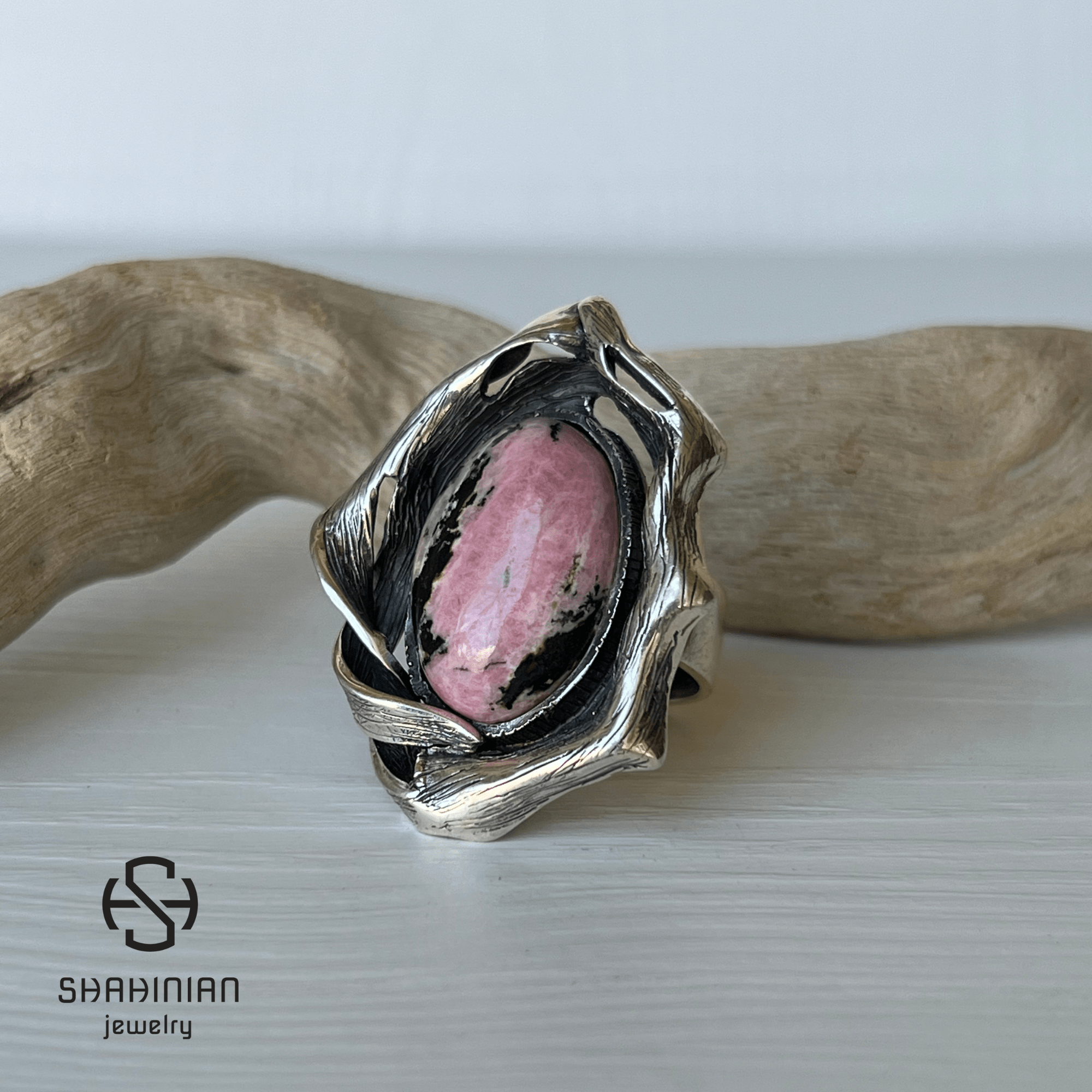 Adjustable Large Oval Stone Rhodonite Ring for Women | Sterling Silver Bold Statement Ring | Big Pink Black Gemstone Jewelry - Image 5