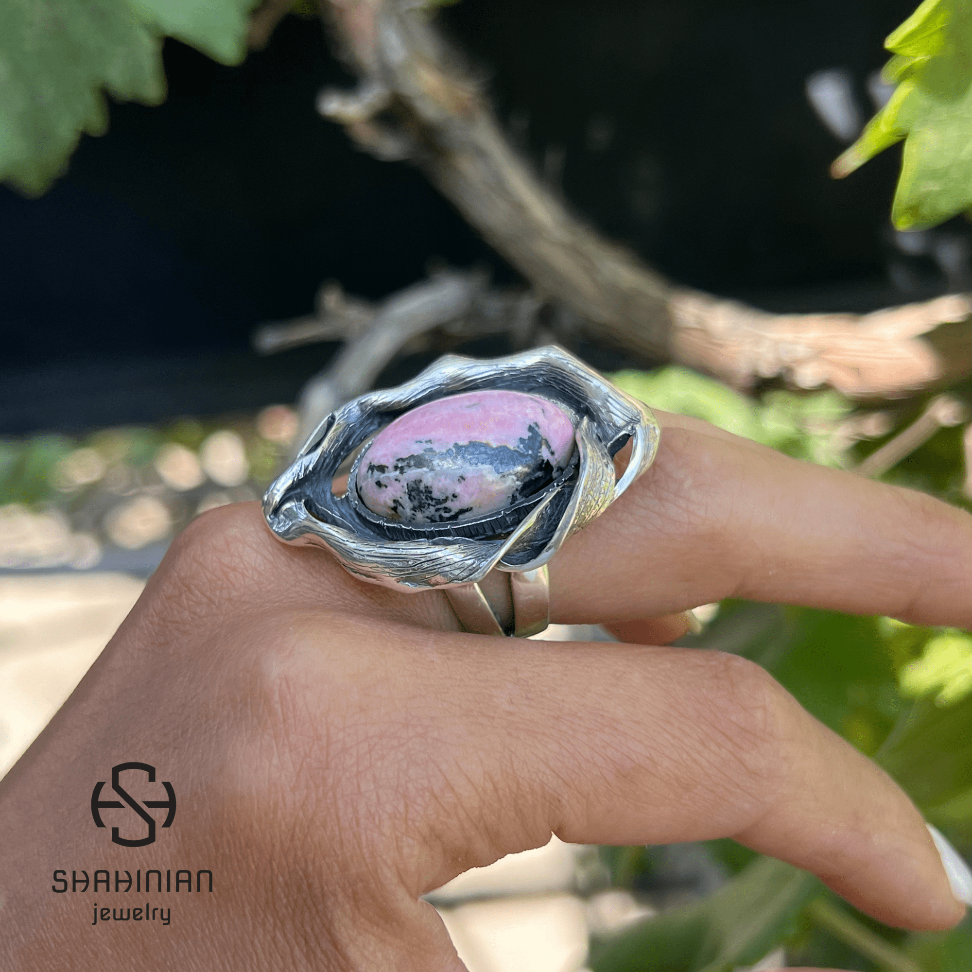 Adjustable Large Oval Stone Rhodonite Ring for Women | Sterling Silver Bold Statement Ring | Big Pink Black Gemstone Jewelry - Image 4