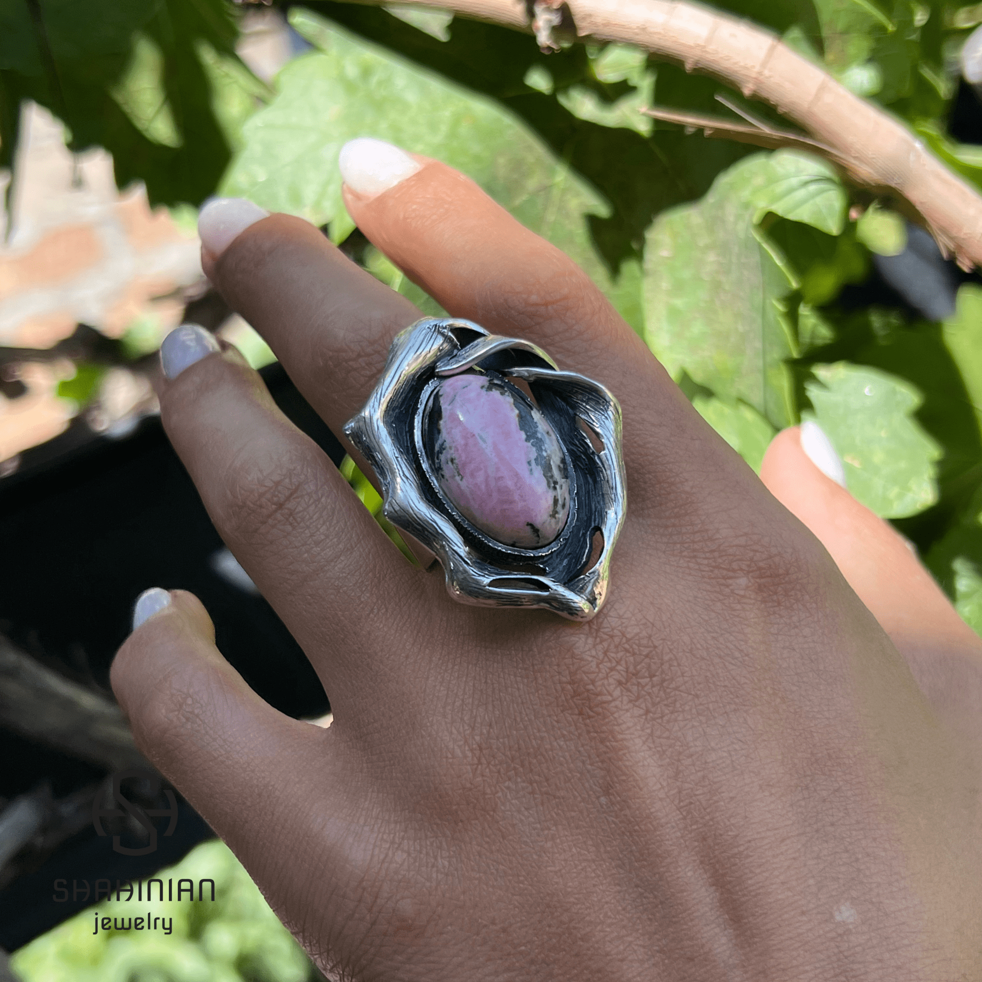 Adjustable Large Oval Stone Rhodonite Ring for Women | Sterling Silver Bold Statement Ring | Big Pink Black Gemstone Jewelry - Image 2
