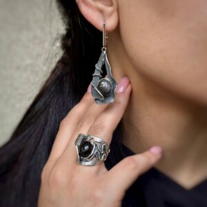 Sterling Silver Obsidian Jewelry Set – Ring & Dangle Earrings by Shahinian Jewelry