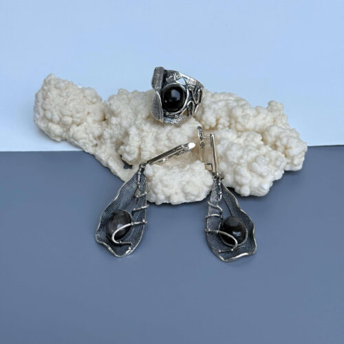 Sterling Silver Obsidian Jewelry Set – Ring & Dangle Earrings by Shahinian Jewelry - Image 5