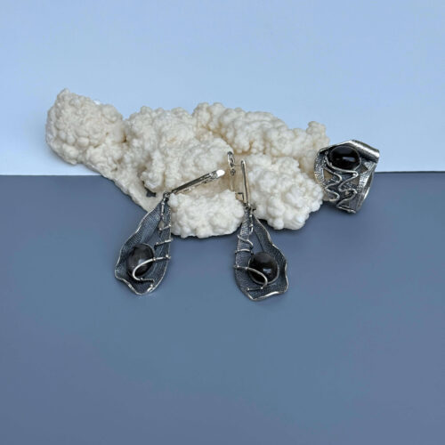 Sterling Silver Obsidian Jewelry Set – Ring & Dangle Earrings by Shahinian Jewelry - Image 6