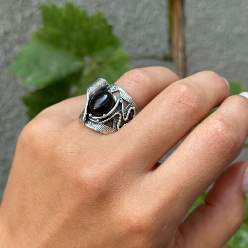 Sterling Silver Obsidian Jewelry Set – Ring & Dangle Earrings by Shahinian Jewelry - Image 9