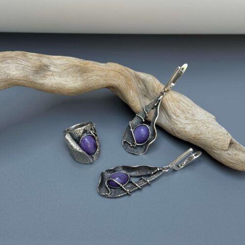 Sterling Silver Charoite Jewelry Set, Handmade Purple Gemstone Ring & Statement Earrings by Shahinian Jewelry