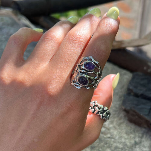 Abstract Amethyst Ring – Wide Sterling Silver Band with Purple Stone - Image 6