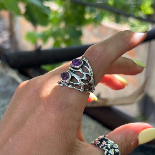 Abstract Amethyst Ring – Wide Sterling Silver Band with Purple Stone - Image 5