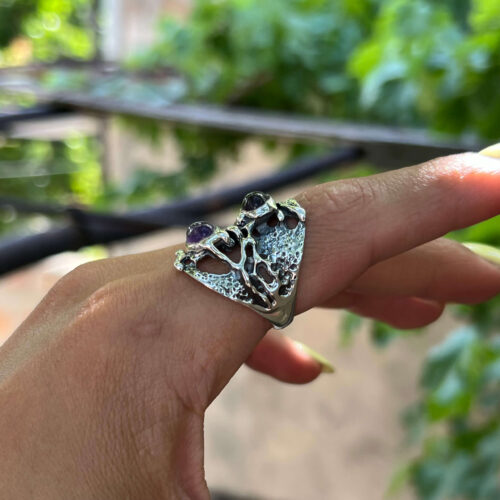 Abstract Amethyst Ring – Wide Sterling Silver Band with Purple Stone - Image 2