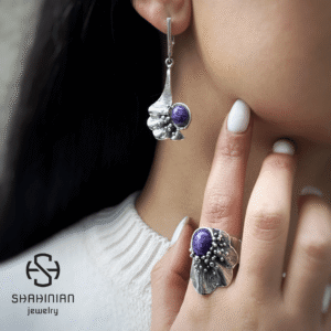 Charoite Jewelry set Sterling Silver Organic shape Flower jewelry Sculptural ring, large floral earrings
