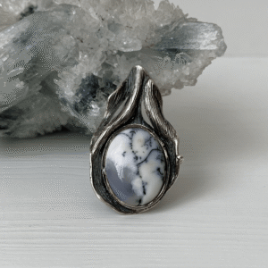 Large Sterling Silver Dendritic Agate Statement Ring – Handmade Abstract Wave Ring with Natural Black and White Stone