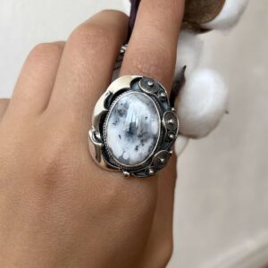 Dendritic Agate Ring in Sterling Silver Adjustable Size, Filigree Ring
