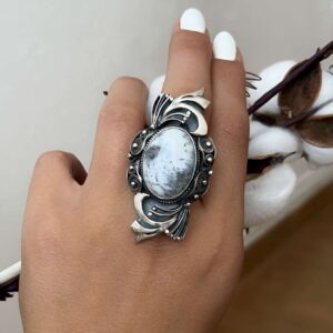Large Dendritic Agate Ring in Sterling Silver, Adjustable Vintage Style Ring