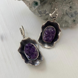 Raw amethyst earrings Sterling Silver, abstract flower dangle drop earrings, Purple stone jewelry