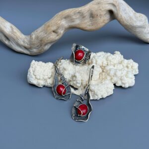 Red Coral Sterling Silver Jewelry Set: Artisan Ring & Dangle Earrings