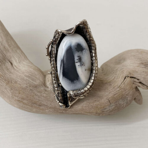 Bold Agate Ring, Sterling Silver with Textured Wide Band
