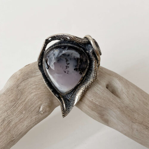 Dendritic Agate Pear Ring: Sterling Silver Teardrop Gemstone